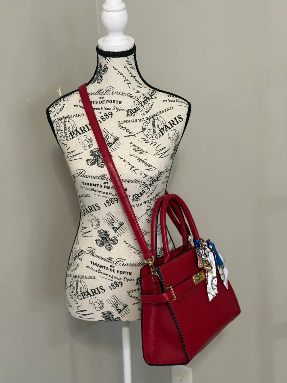 Red Structured Top-Handle Tote with Scarf Accent & Crossbody Strap
